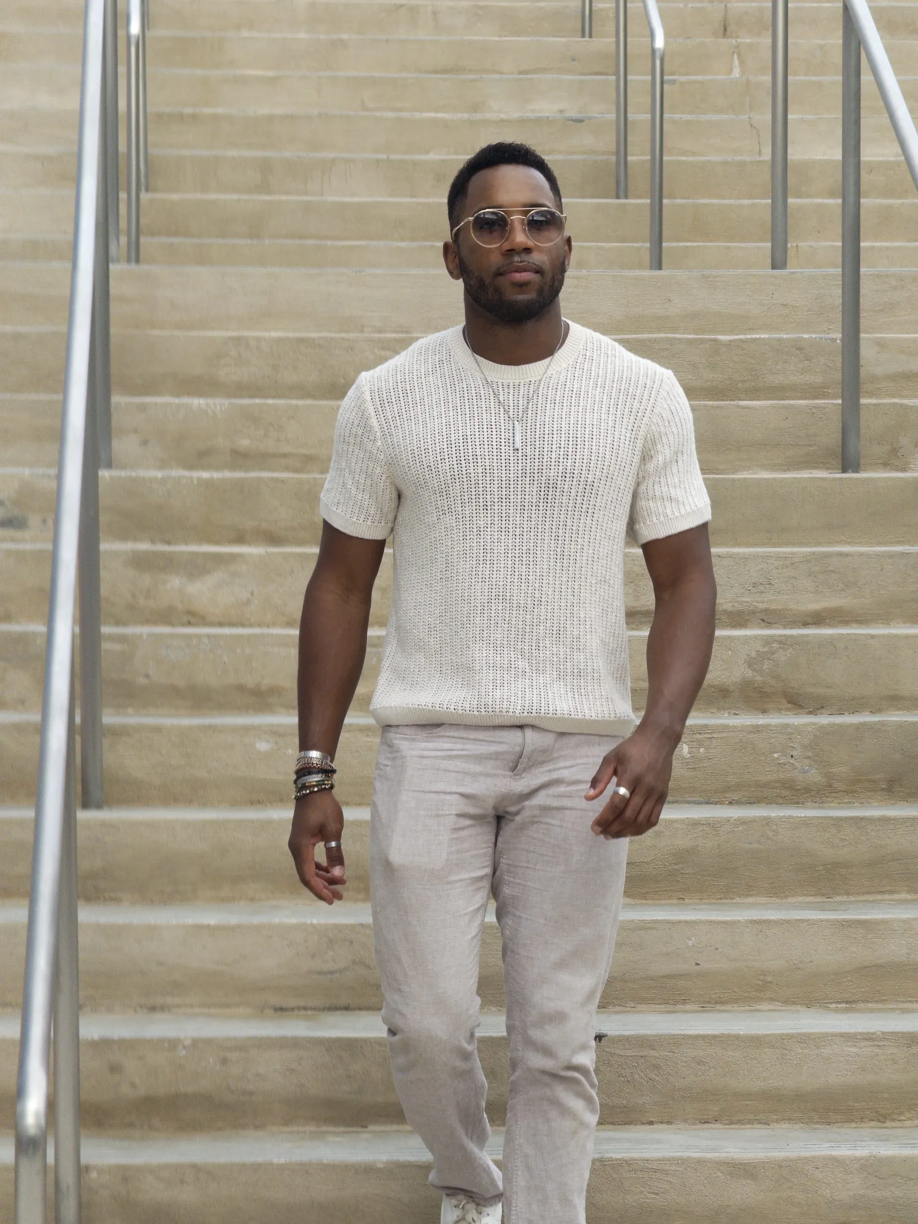 mens fashion portrait walking stairway