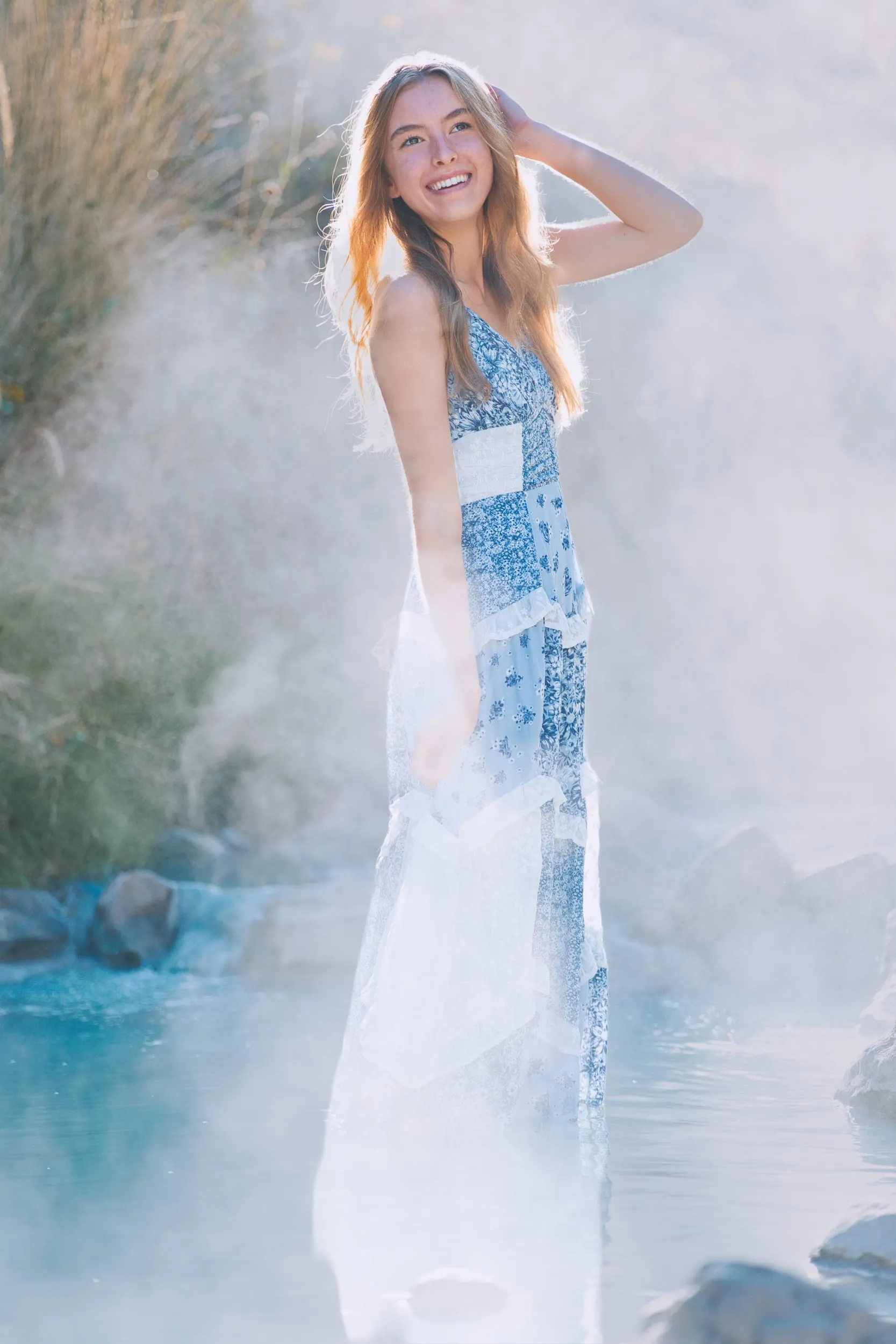 misty hot springs portrait blue dress