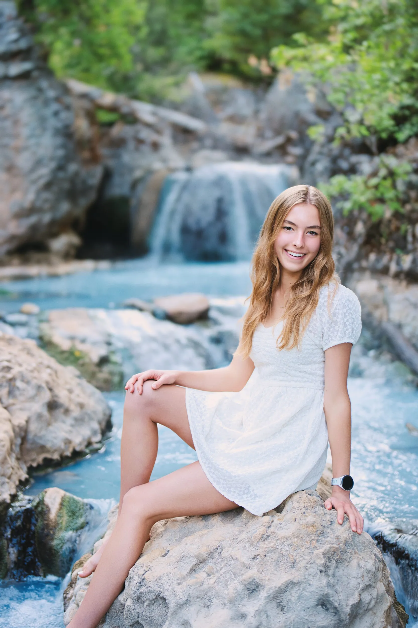 waterfall portrait white dress